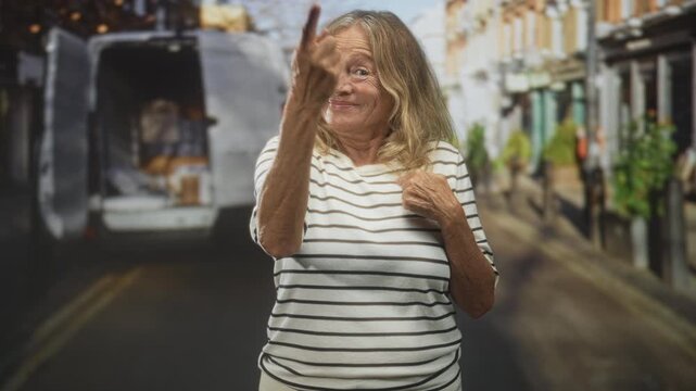 Senior woman pointing hand at camera beside an open van in a street, pulling at her striped shirt and smiling broadly; playful confidence.