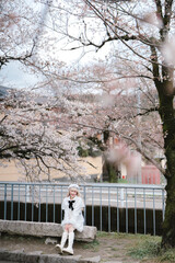 Fototapeta premium Young woman sitting on stone bench under blooming cherry blossom tree in spring park, wearing white dress and boots, enjoying peaceful outdoor moment with soft natural light