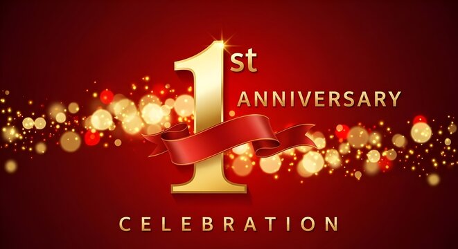1st anniversary logo with golden ring, confetti and red ribbon isolated on elegant black background, sparkle, vector design for greeting card and invitation card