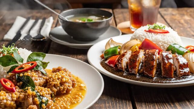 Delicious Asian Cuisine Plates with Chicken, Rice, Soup, and Drinks on a Rustic Wooden Table