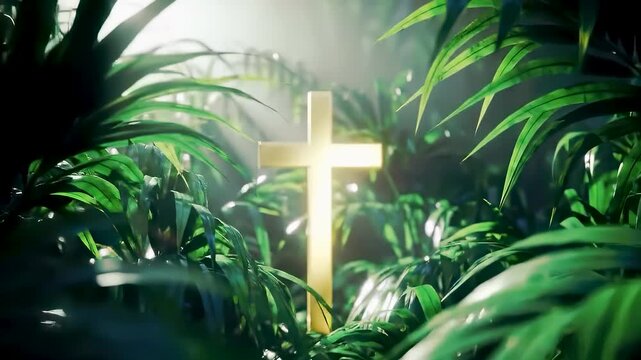 Golden cross illuminates lush green palm leaf nature. Christian religion faith projects holy light motion for spiritual hope and sacred worship atmosphere on divine palm sunday celebration.