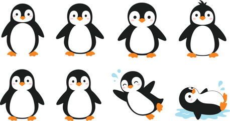 Naklejka premium Cute Penguin Character Collection with Different Poses and Expressions Cartoon Arctic Animal Vector Illustration Set