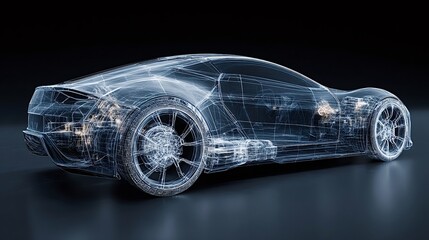 Naklejka premium Futuristic car blueprint rendered as a transparent wireframe model, illustrating advanced vehicle technology, engineering development, and electric power within a modern automotive design concept