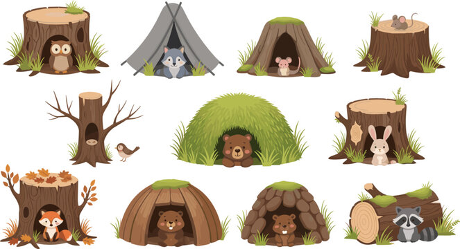Cute Forest Animal Homes Collection with Tree Stumps, Burrows and Woodland Dwellings Cartoon Vector Illustration Set