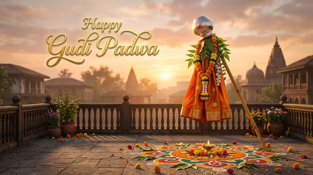 Woman in traditional attire celebrating gudi padwa with colorful flowers and decorations on a balcony at sunset