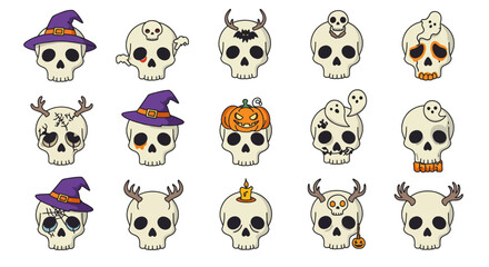 Fototapeta premium Whimsical Halloween Skull Characters Set