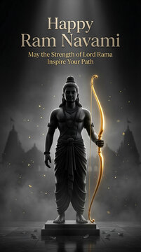 Lord rama statue with bow and arrow on pedestal with happy ram navami text