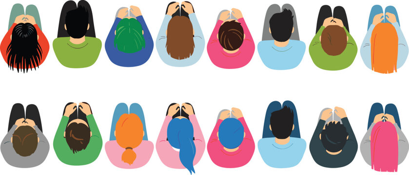 Top View Diverse People Sitting Collection with Different Hairstyles and Clothing Colors Flat Vector Illustration Set