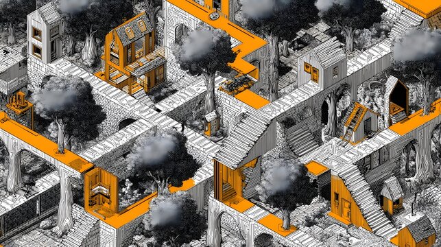 Playful underground fantasy town composed of small homes and pathways arranged in an isometric layout with high contrast outlines
