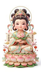 Fototapeta premium Cute Chibi Guanyin Holding Lotus 3D Illustration for Asian Lunar New Year, pure white background