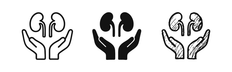 Obraz premium Hands Holding Kidneys Icons Set - Organ Donation and Health Care Symbol Collection