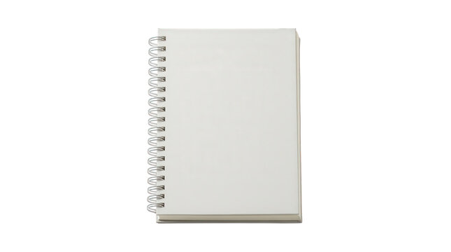 Spiral-bound blank daily workbook with white cover and thick paper isolated on a transparent background