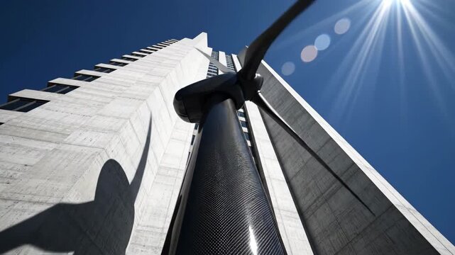 Modern vertical axis wind turbine against bright sunny sky