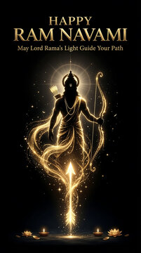 Golden ram silhouette with bow and arrow surrounded by glowing diyas on black background celebrating ram navami festival
