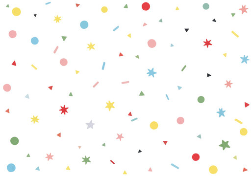 Fun pastel sprinkle pattern with scattered confetti dots stars and lines over minimal neutral background.