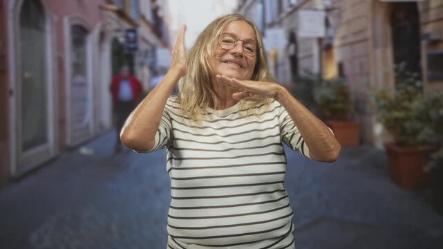 Senior woman with hands framing face and smiling on a cobbled street in front of potted plants and buildings; joyful playfulness.