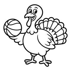 Fototapeta premium Cartoon turkey playfully holding a basketball in a black and white illustration