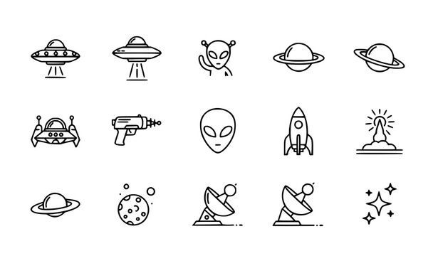 A set of minimalist space icons featuring various celestial objects and spacecraft