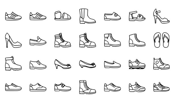 A collection of various shoe types illustrated in a minimalist line art style