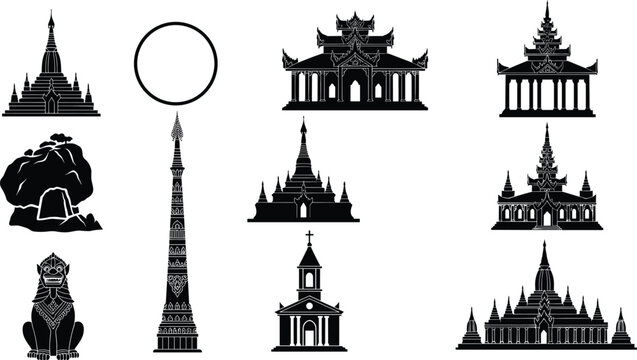 Myanmar Landmark Silhouette Vector Collection Featuring Shwedagon Pagoda Bagan Temples Golden Rock Kyaiktiyo Chinthe Lion and Traditional Burmese Buddhist Architecture Icons for Travel Design