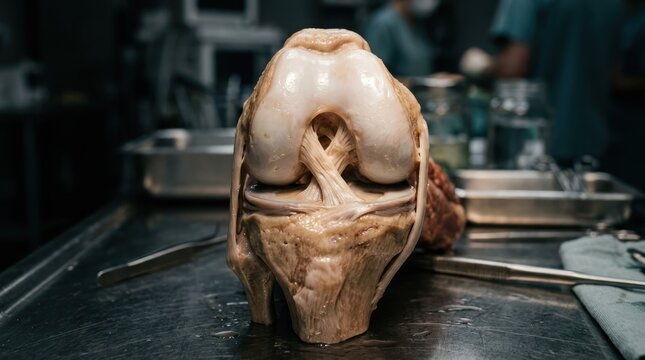 Human knee joint dissection on a metal table