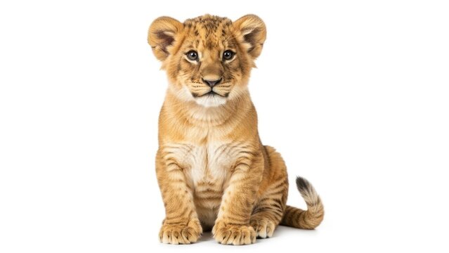 Cute lion cub sitting down.