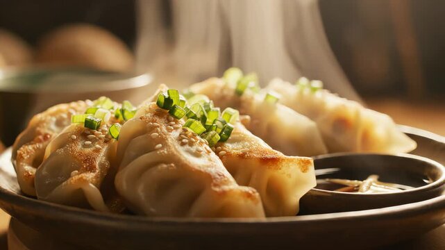 Steaming dumplings on plate with herbs close up culinary image