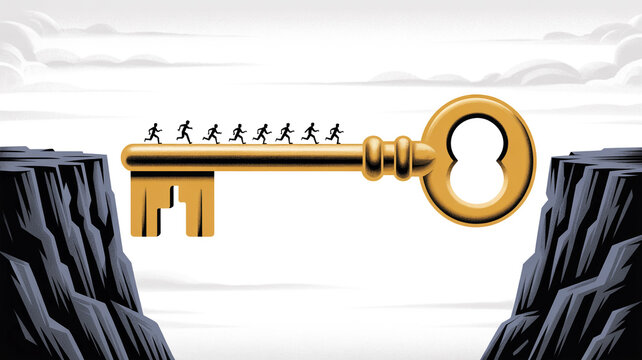 People running across a golden key bridging two rocky cliffs