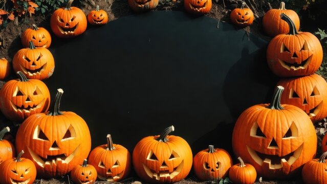 Carved jack o lantern pumpkins framing blank black backdrop