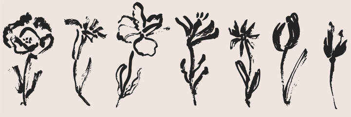 Artistic ink sketched wild flowers and garden plants set. Expressive botanical illustrations for greeting cards, home decor, and creative nature design. © Anada77
