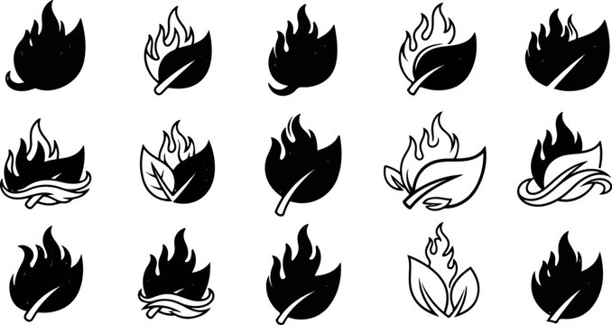 Collection of black and white icons depicting flames and leaves