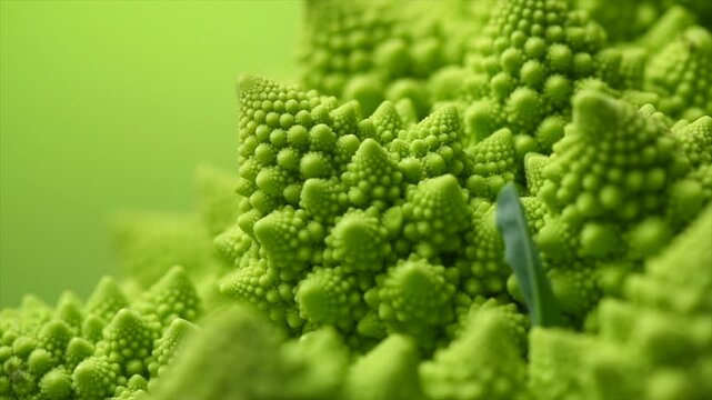 Romanesco broccoli cabbage or Roman Cauliflower abstract texture on green background. Fresh Food design, vegan backdrop, slow motion, rotating, macro shoot 