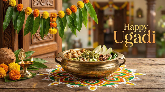 Happy ugadi celebration with traditional food and decorations on wooden table