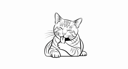 Obraz premium Close up of a cartoon cat licking its paw and face with its tongue out