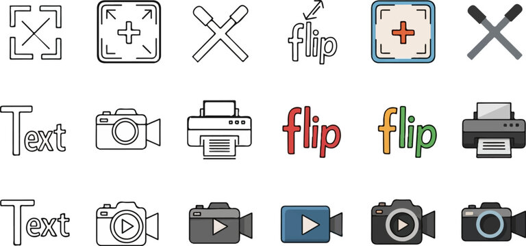 Collection of diverse icons depicting cameras, printers, text, flip actions, and cross marks