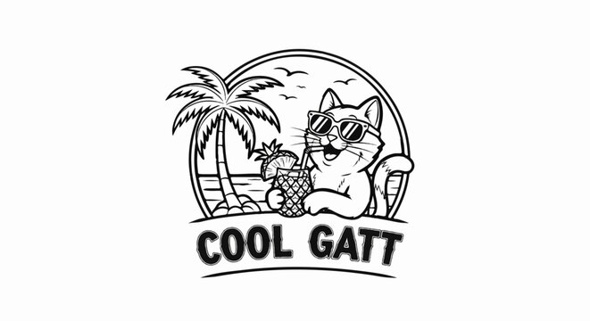 Cat wearing sunglasses, holding a pineapple drink on a beach