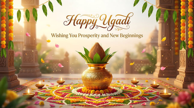 Ugadi celebration with decorative pot floral rangoli and traditional indian elements