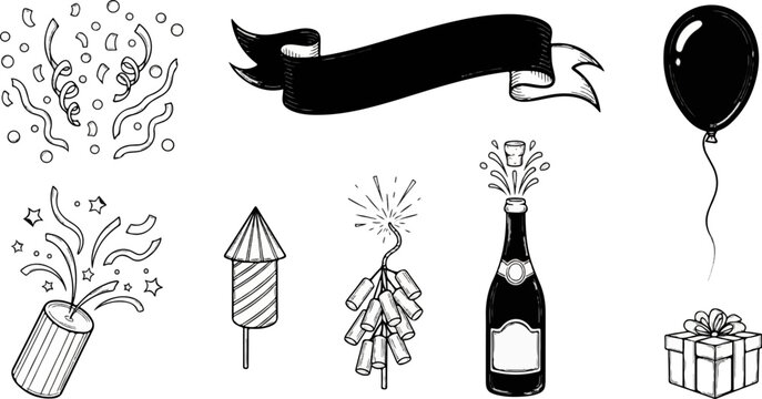 Collection of festive celebration icons including confetti, fireworks, and champagne