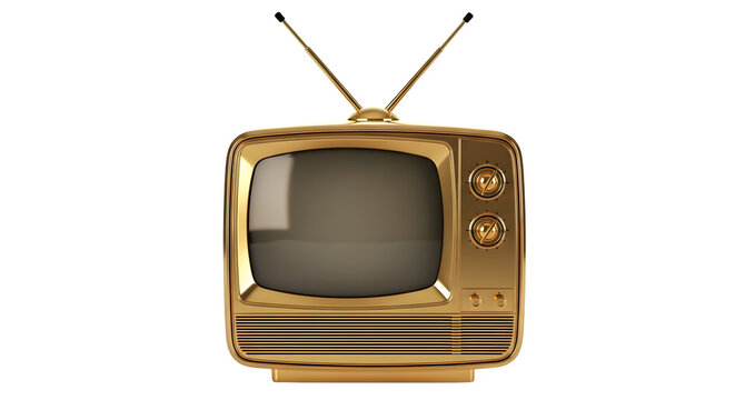 golden retro television with antennas and glossy metallic design, isolated on white or transparent background. PNG