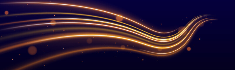 Rotating golden spiral lines shine on a dark background. Glittering flares enhance glowing energy and magic effects. Ideal for abstract neon designs and vector art. © MEDUZA