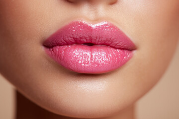Naklejka premium Glossy pink lips with lipstick