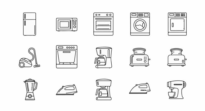 Collection of household appliances illustrated as simple black and white line art icons