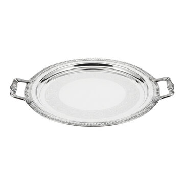 A silver serving platter with handles on a transparent background