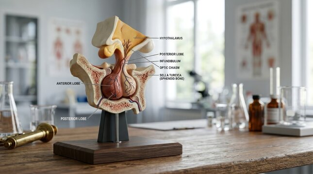 Anatomical model of the human pituitary gland on table