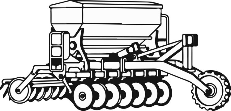 Detailed illustration of a agricultural planter machine with seed hopper and furrow openers