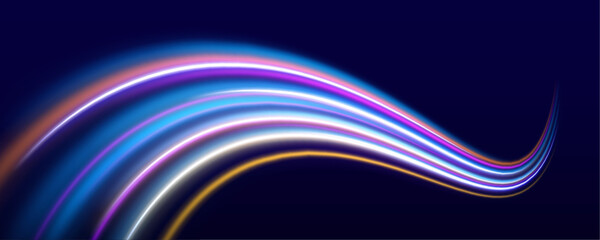 Fototapeta premium Neon energy arcs spin around a glowing center, forming a futuristic digital vortex. Bright particles and light sparks create a sense of power and motion.