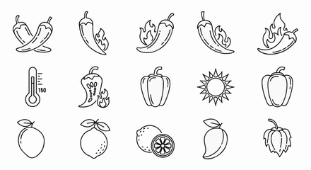 Fototapeta premium Collection of line art icons featuring spicy peppers, bell peppers, thermometer, sun, and fruits