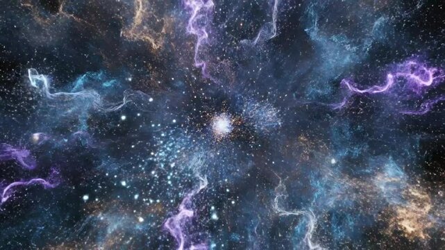 Abstract cosmic energy explosion radiating particles in space, creative particle effect with colorful nebulas and stars
