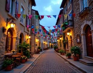 Fototapeta premium Charming Village Alleyway with Festive Lights and Colorful Flags