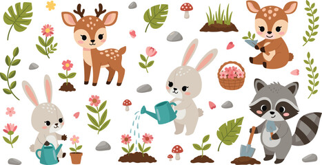 Fototapeta premium Adorable Springtime Woodland Animals Set Featuring Deer, Rabbit, and Raccoon Gardening and Planting Flowers in Nature